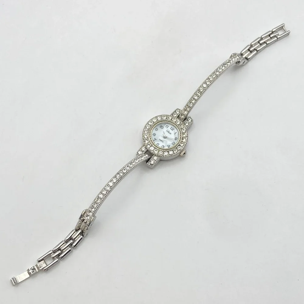 Collezio Womens Watch 22mm Silver Tone Crystals Bling MOP Dial New Battery 6.75